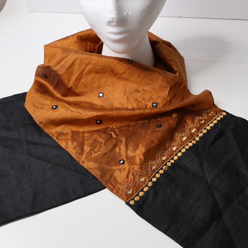 CRC India 100% Silk Scarf Rust Black Gold Mirror Work Embroidered Artisan Wrap